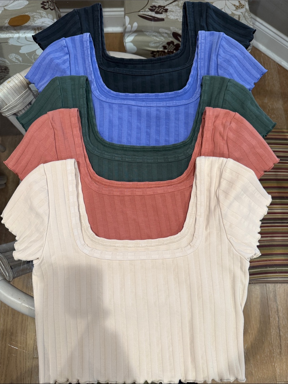 Set of 5 Aerie Offline Small Ribbed Square-Neck Crop Top Coral Lav Pine Sand Blk